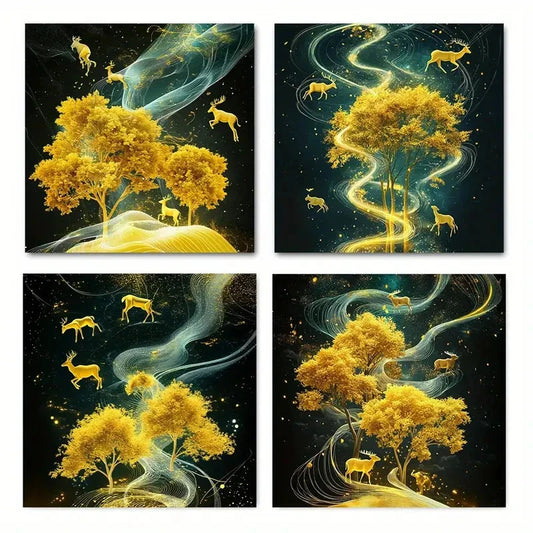 4pcs Abstract Elephant & AntelopeWall Art Canvas Framed