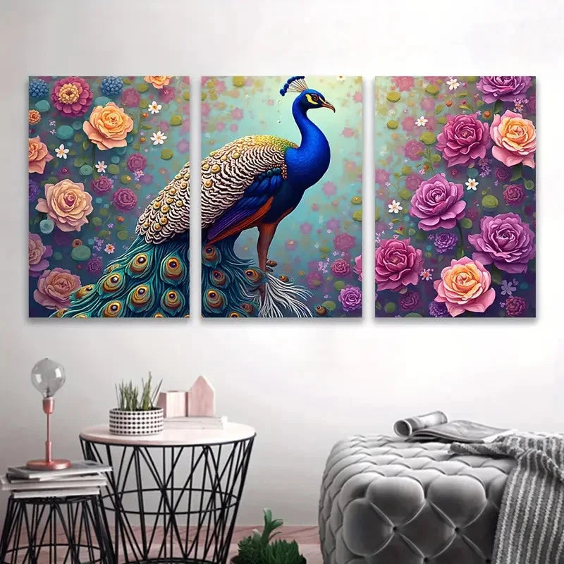 3pcs Vibrant Peacock & Floral Wall Art Set Canvas Framed 60x90cm - High Quality Print 100% Australian Made Wall Canvas Ready to Hang
