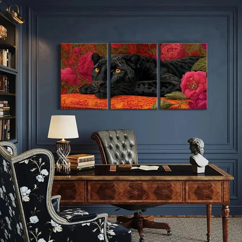 3pcs Black Panther Floral Background Nature Metal Print Ready to Hang Art