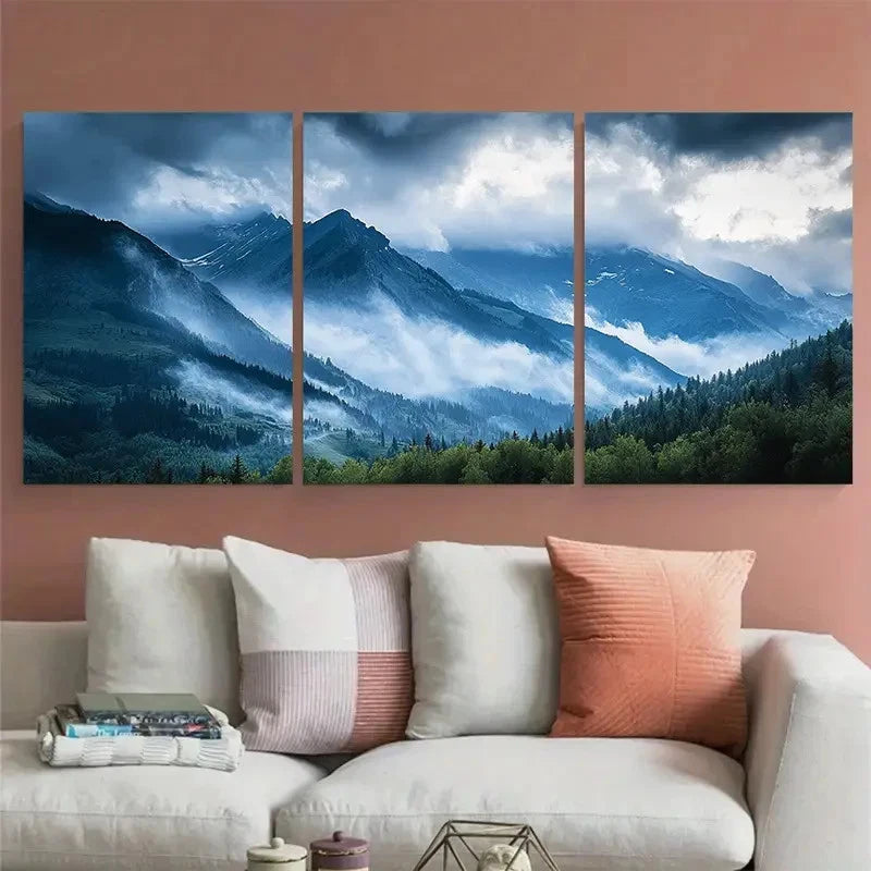 3pcs Stormy Mountain Range Serene Nature Wall Art Set Canvas Framed 50x70cm - High Quality Print 100% Australian Made Wall Canvas Ready to Hang