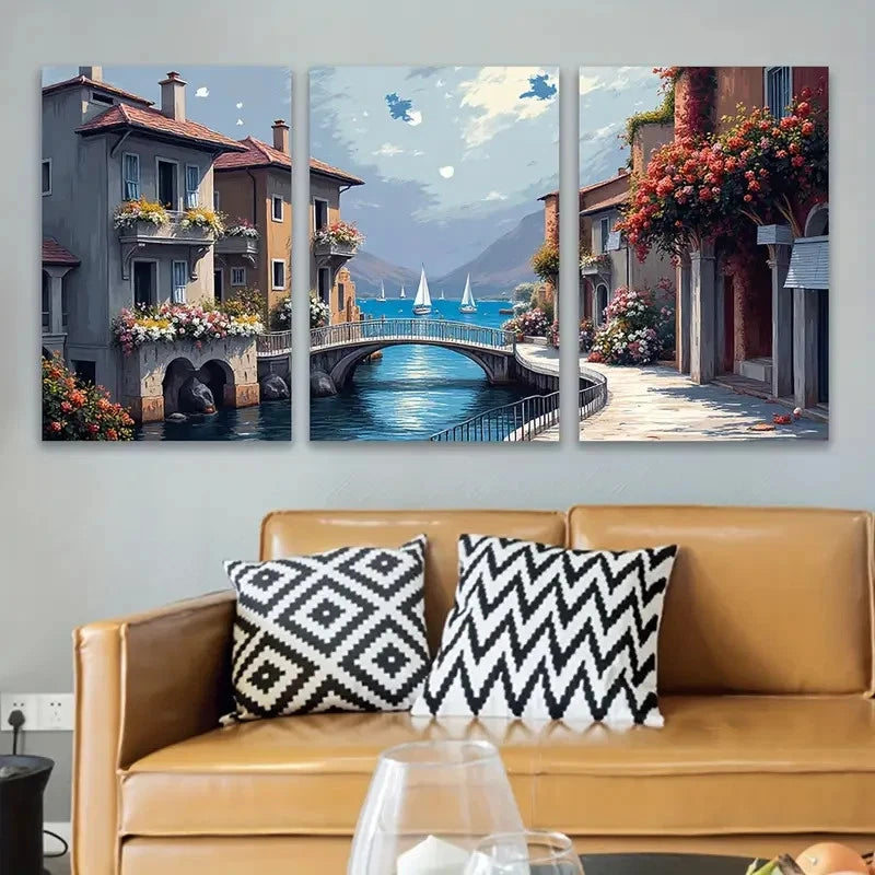 3pcs European Street And Harbor View Wall Art Set Canvas Framed 50x70cm - High Quality Print 100% Australian Made Wall Canvas Ready to Hang