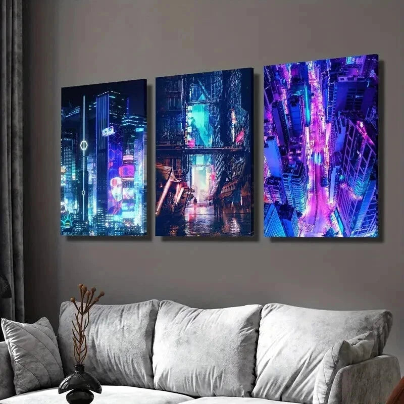 3pcs Vibrant Neon Futuristic Skylines Wall Art Set Canvas Framed 50x70cm - High Quality Print 100% Australian Made Wall Canvas Ready to Hang