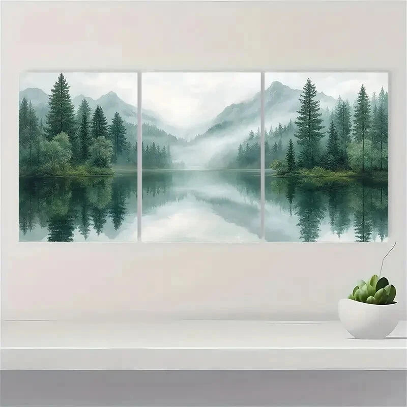 3pcs Pine Tree Forest Lake Landscape Minimalist Metal Print Ready to Hang Art