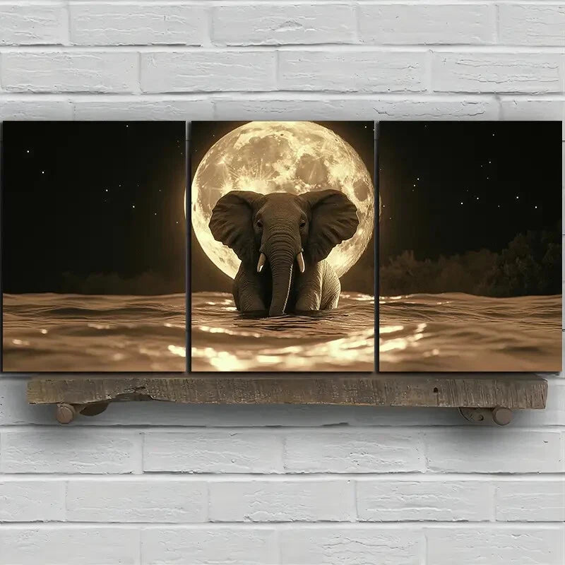 3pcs The Elephant Under The Moon Metal Print Ready to Hang Art