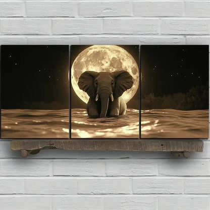 3pcs The Elephant Under The Moon Metal Print Ready to Hang Art