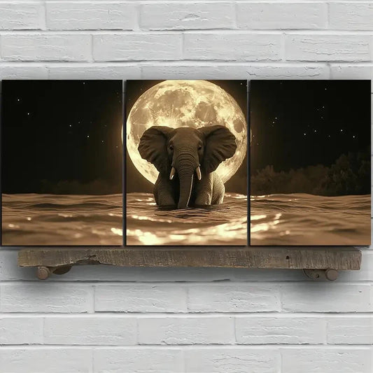 3pcs The Elephant Under The Moon Metal Print Ready to Hang Art