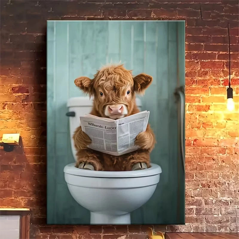 Whimsical Calf Reading on Toilet 60x90cm Metal Print Ready to Hang
