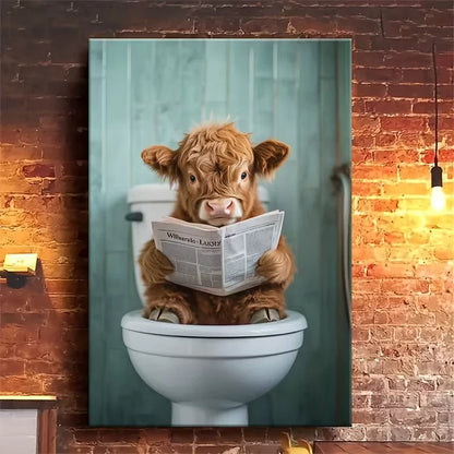 Whimsical Calf Reading on Toilet 60x90cm Metal Print Ready to Hang
