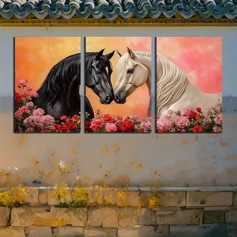 3pcs Vibrant Two horses love with Florals Design Metal Print Ready to Hang Art