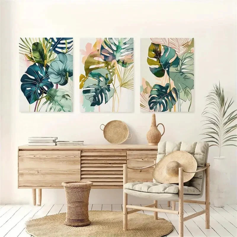 3pcs Watercolor Green Palm Leaf Wall Art Metal Print Ready to Hang Art