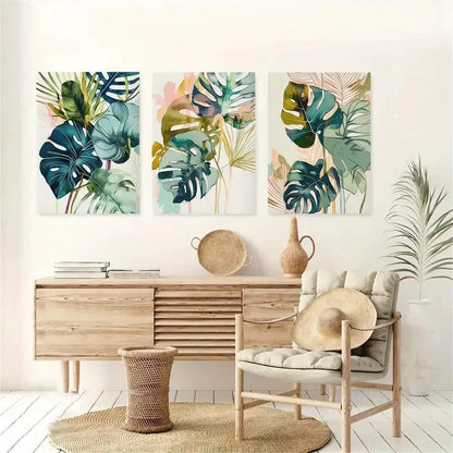 3pcs Watercolor Green Palm Leaf Wall Art Metal Print Ready to Hang Art