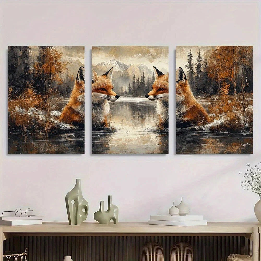 3pcs Fox Gothic Red Foxes in Winter Forest Scene Metal Print Ready to Hang Art