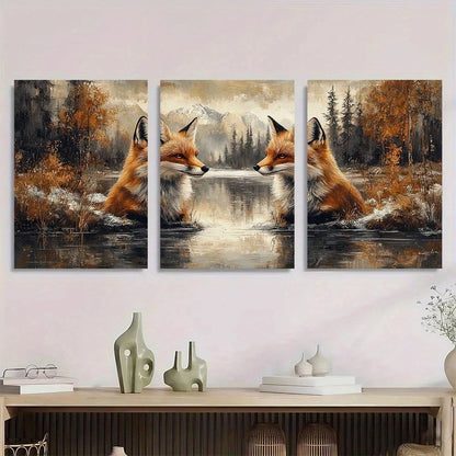 3pcs Fox Gothic Red Foxes in Winter Forest Scene Metal Print Ready to Hang Art