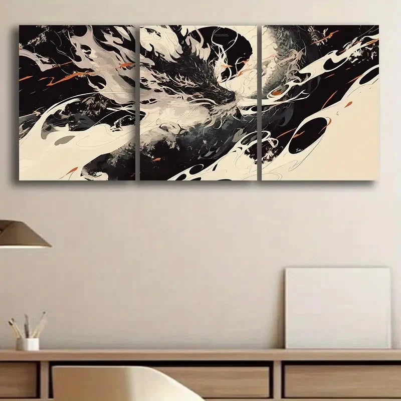 3pcs Dragon Elegant Black & White Abstract Metal Print Ready to Hang Art
