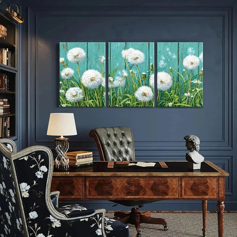 3pcs Dandelion Field White Fluff Turquoise Metal Print Ready to Hang Art