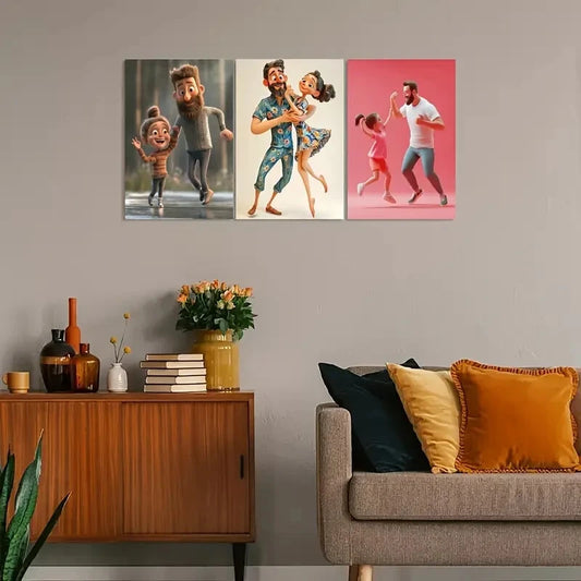 3pcs Cute Illustration Dad & Youngsters Metal Print Ready to Hang Art