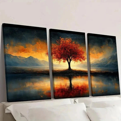 3pcs Vibrant Autumn Leaves & Mountain Reflection Wall Art Set Canvas Framed 40x60cm - High Quality Print 100% Australian Made Wall Canvas Ready to Hang