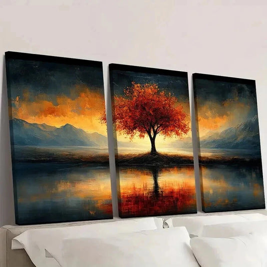 3pcs Vibrant Autumn Leaves & Mountain Reflection Wall Art Set Canvas Framed 40x60cm - High Quality Print 100% Australian Made Wall Canvas Ready to Hang