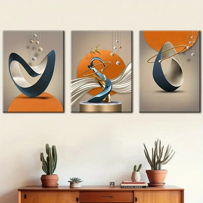 3pcs Abstract Navy Blue Golden Beige Metal Print Ready to Hang Art