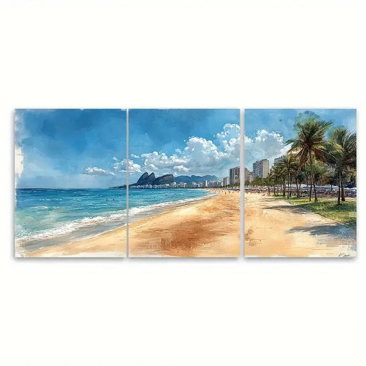3pcs Sketch Style Copacabana Beach Metal Print Ready to Hang Art
