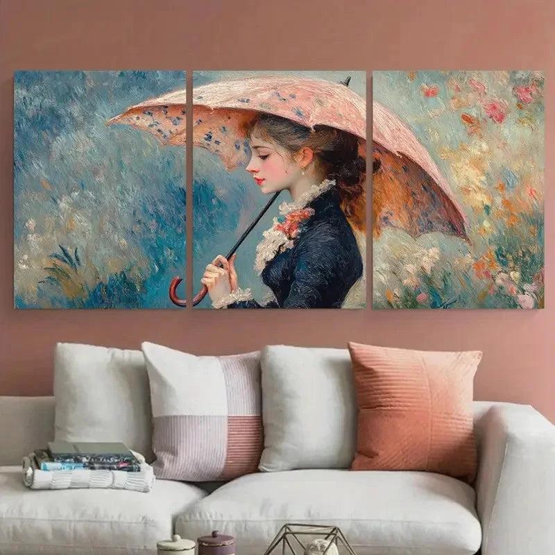 3pcs Renoir Femme avec Parasol Floral Background Metal Print Ready to Hang Art