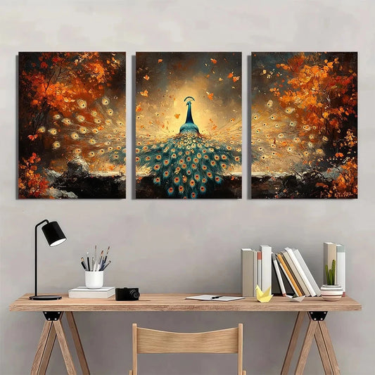 3pcs Vintage Retro Peacock Painting Metal Print Ready to Hang Art