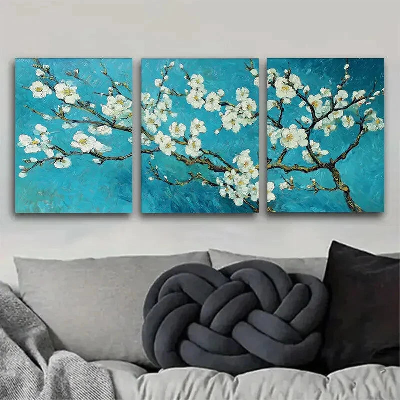 3pcs Vibrant Blue White Flowers Metal Print Ready to Hang Art