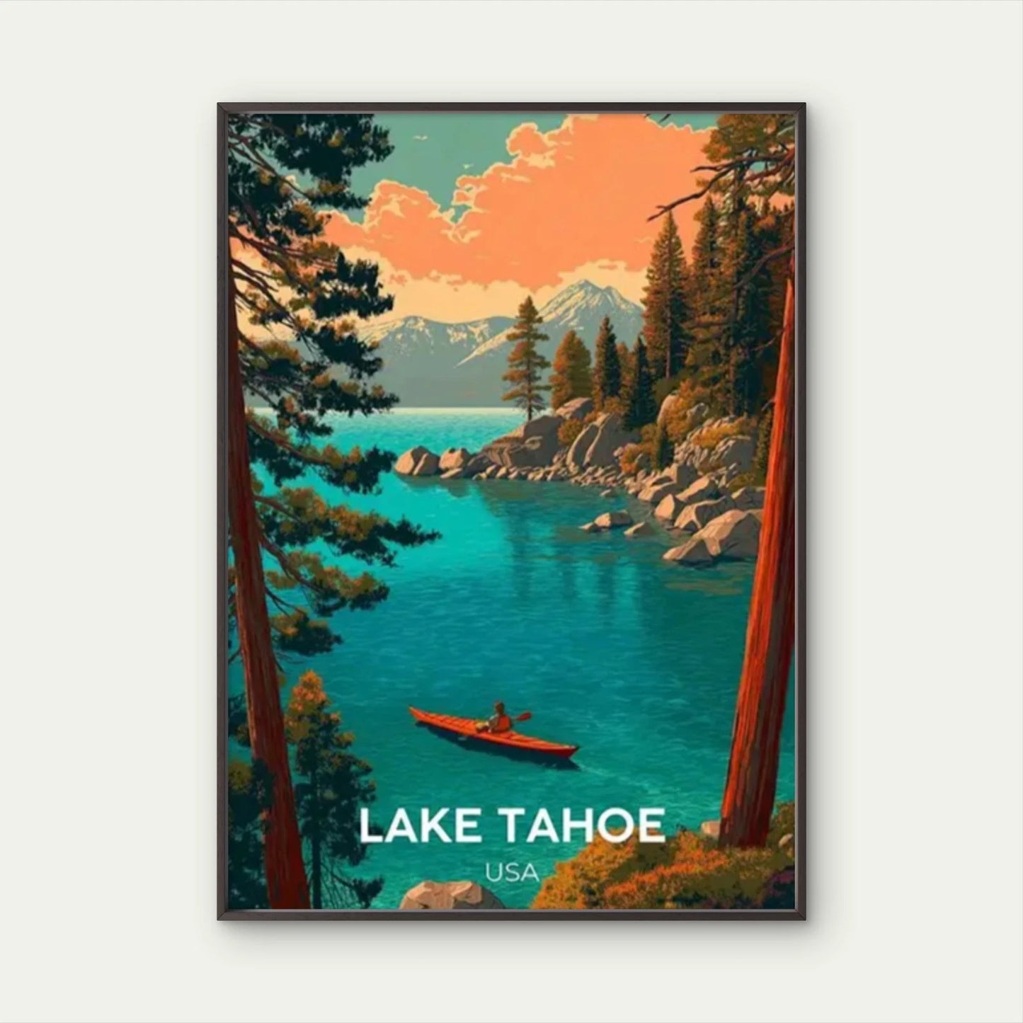 Lake Tahoe USA Snow-Capped Mountains & Pine Trees Travel Poster Print Wall Art