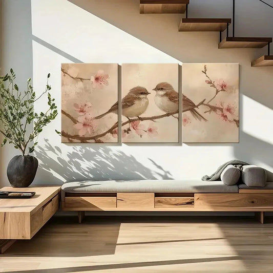 3pcs Artistic Birds On Blossom Branch Metal Print Ready to Hang Art