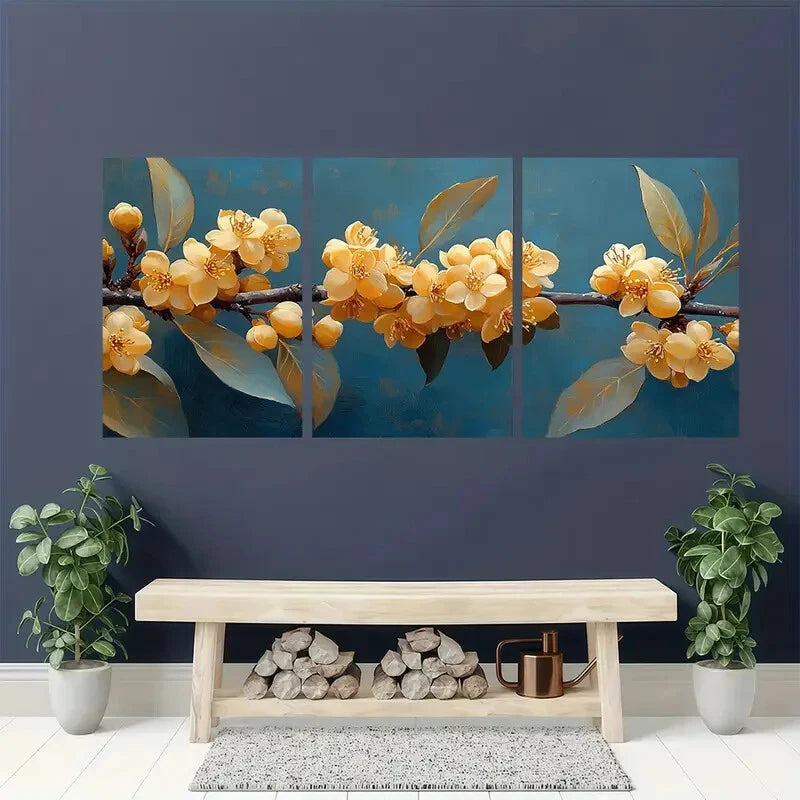 3pcs Mountain Yellow Laurel Flower Art Nature Metal Print Ready to Hang Art