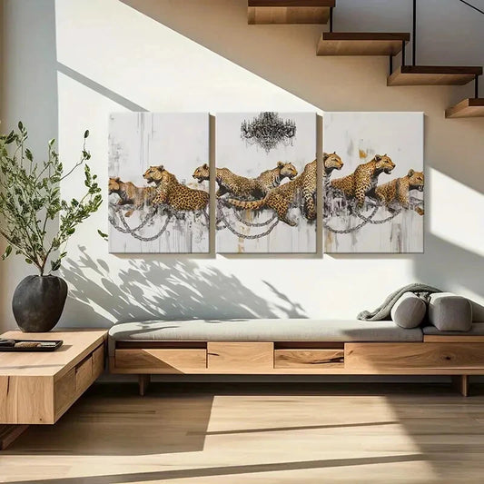 3pcs Leopard Chains Abstract Art Modern Design Metal Print Ready to Hang Art