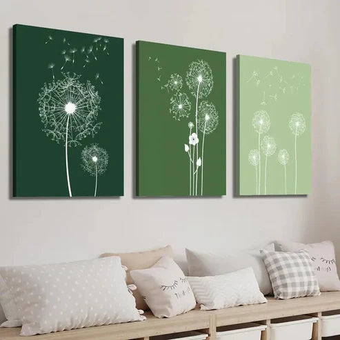 3pcs Dark & Light Green Dandelions Wall Art Set Canvas Unframed - High Quality Print 100% Australian Made Wall Canvas