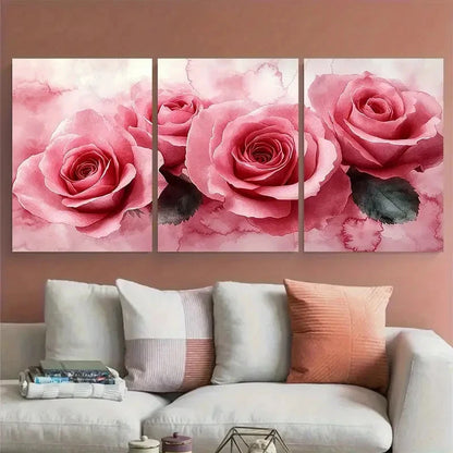 3pcs Blush Pink Roses Watercolor Abstract Design Metal Print Ready to Hang Art