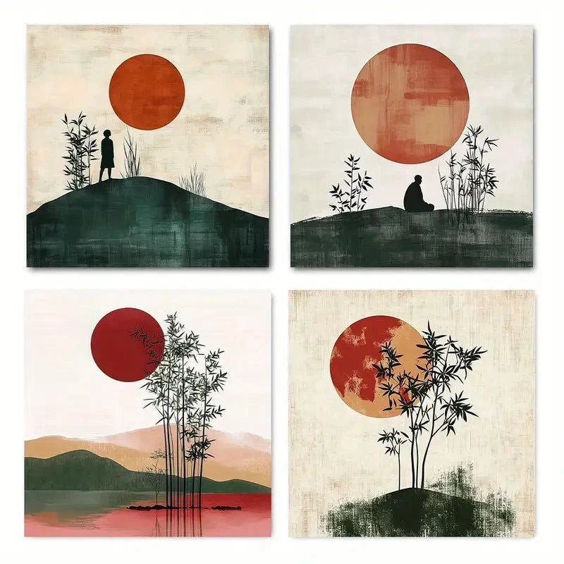 4pcs Bamboo full moon Vintage Wall Art Canvas Framed