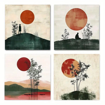 4pcs Bamboo full moon Vintage Wall Art Canvas Framed