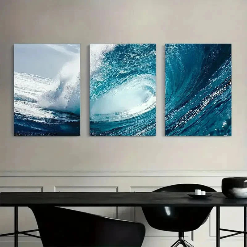 3pcs Blue Ocean Wave with White Foam Metal Print Ready to Hang Art