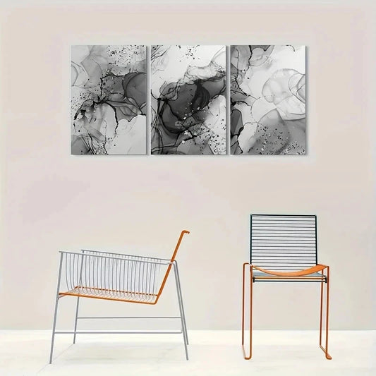 3pcs Abstract Black and White Fluid Metal Print Ready to Hang Art