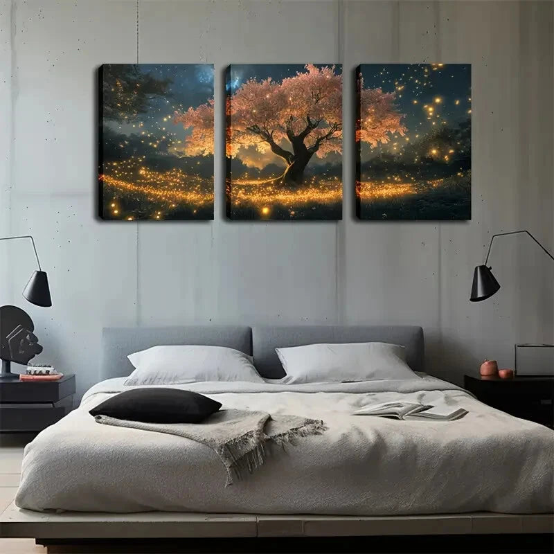 3pcs Pink Tree with Warm Yellow Glow Triptych Metal Print Ready to Hang Art