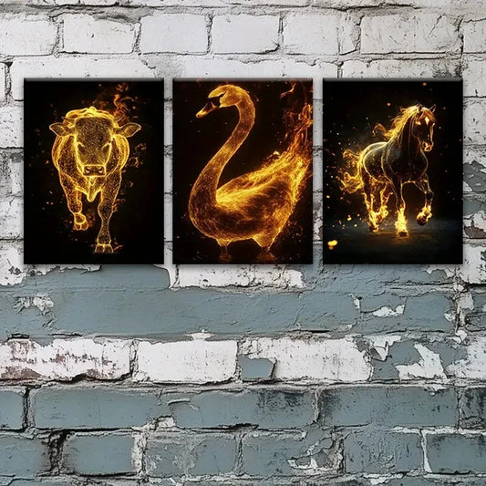 3pcs Fiery Animals Cows Swans and Horses Metal Print Ready to Hang Art