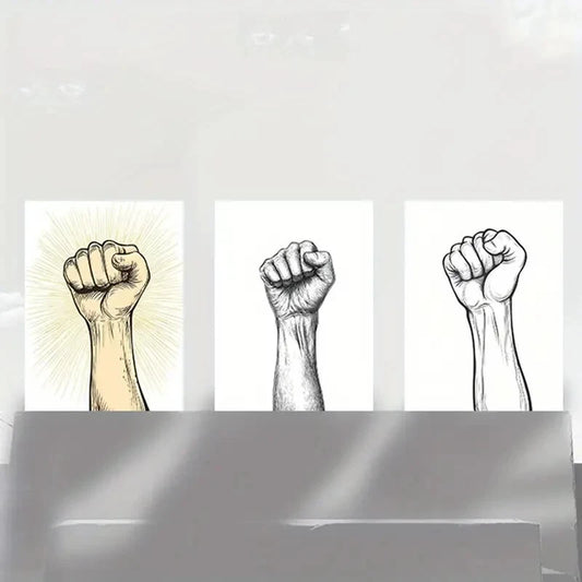 3pcs Raised Fist Gold Black Lines Metal Print Ready to Hang Art