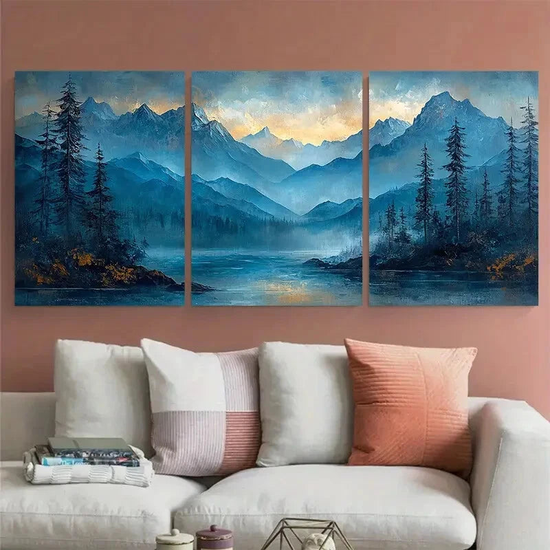 3pcs Abstract Mountain with Lake Landscape Metal Print Ready to Hang Art