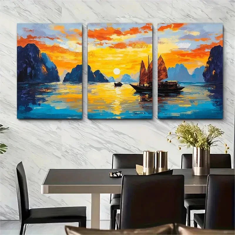 3pcs Ha Long Bay Sunset Vietnam Travel Poster Metal Print Ready to Hang Art
