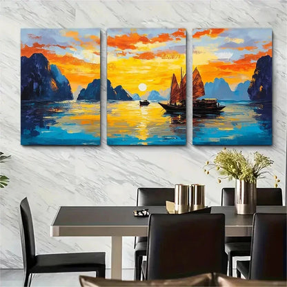 3pcs Ha Long Bay Sunset Vietnam Travel Poster Metal Print Ready to Hang Art