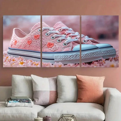 3pcs Pink Coral Floral Trainer Sneakers Lace Love Metal Print Ready to Hang Art