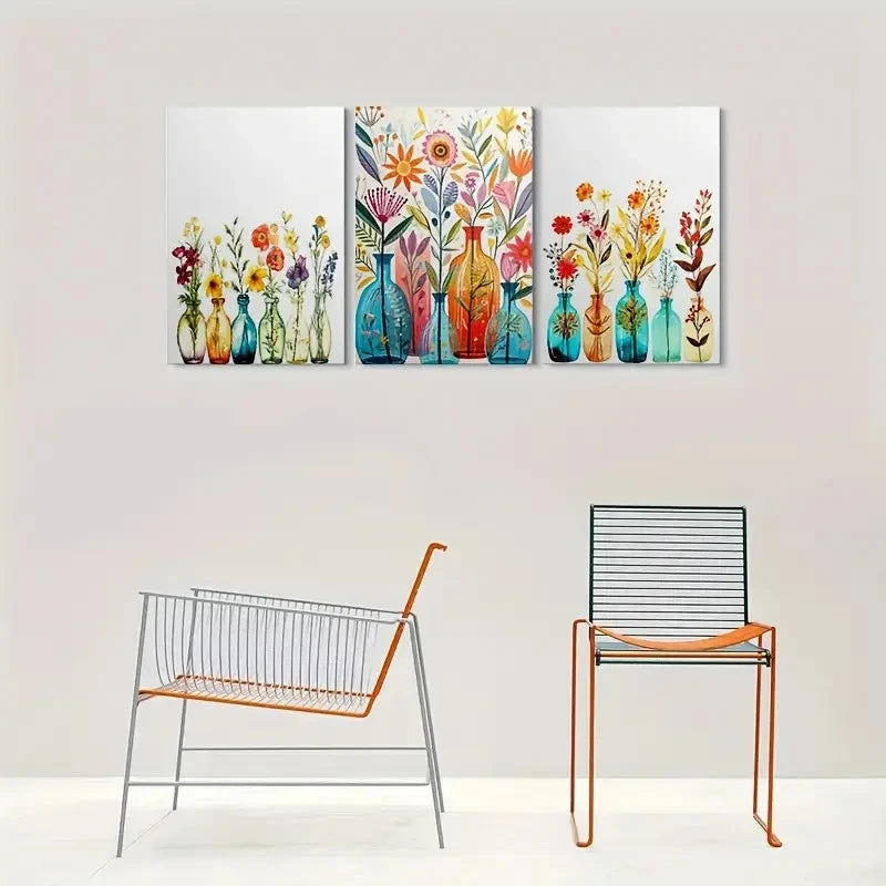 3pcs Colorful Decor with Vases and Flowers Metal Print Ready to Hang Art