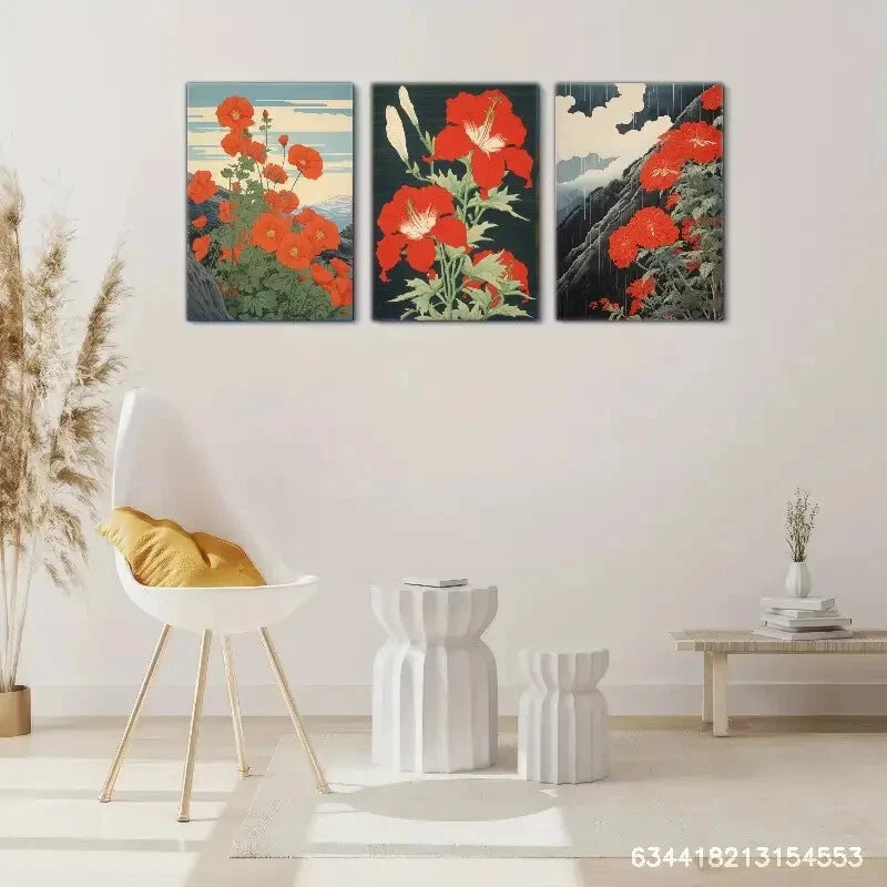 3pcs Red Flower Art Decoration Poster Beautiful Metal Print Ready to Hang Art