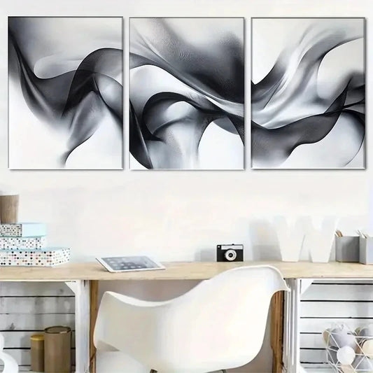 3pcs Black And White Abstract Wave Metal Print Ready to Hang Art