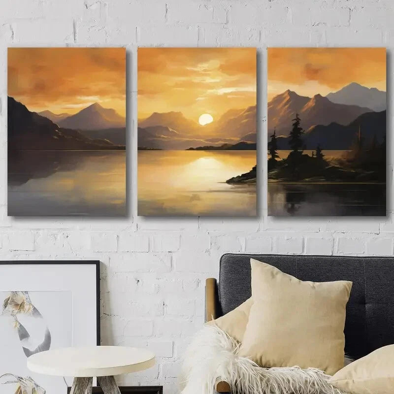 3pcs Sunset Mountain Landscape Lake Perfect Wall Art Set Canvas Framed 40x60cm - High Quality Print 100% Australian Made Wall Canvas Ready to Hang