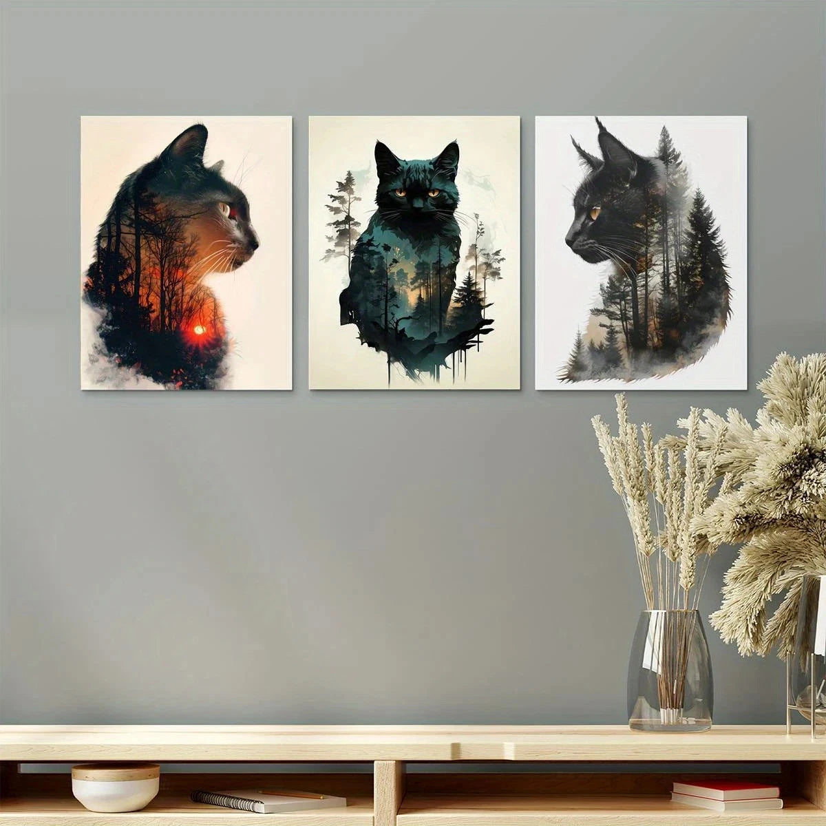 3pcs Cat & Forest Animal Themed Metal Print Ready to Hang Art