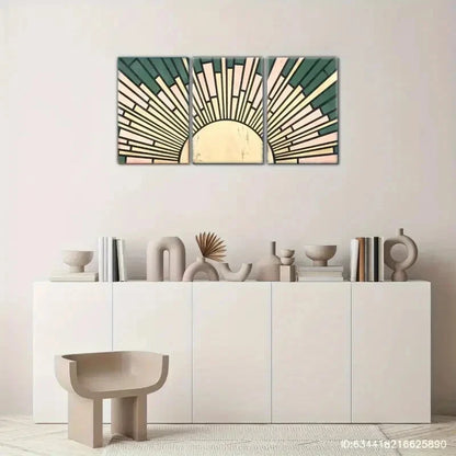 3pcs Sunshine Sage Green Beige Geometric Metal Print Ready to Hang Art